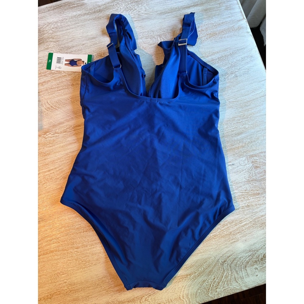 DKNY Size XL Womens Blue Ruched Ruffle V-Neck One Piece Swimsuit 1943727 - Picture 3 of 5